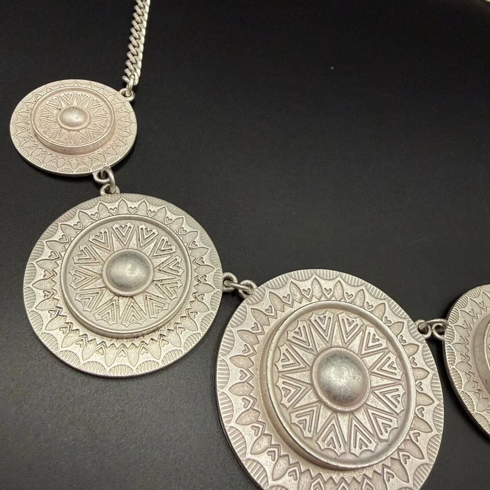 Sun Circles Bib Style Silver Tone Disc Statement Necklace